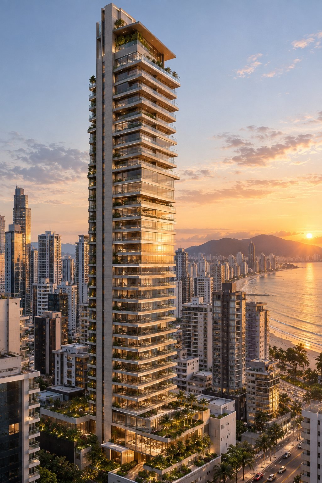Perspectiva ilustrativa de edifício residencial alto à beira-mar ao pôr do sol